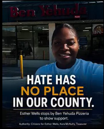 Esther Wells outside Ben Yehuda Pizzeria: hate has no place in our county