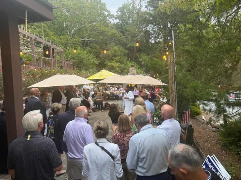 Guests gathered in a garden as Esther Wells addresses a campaign reception